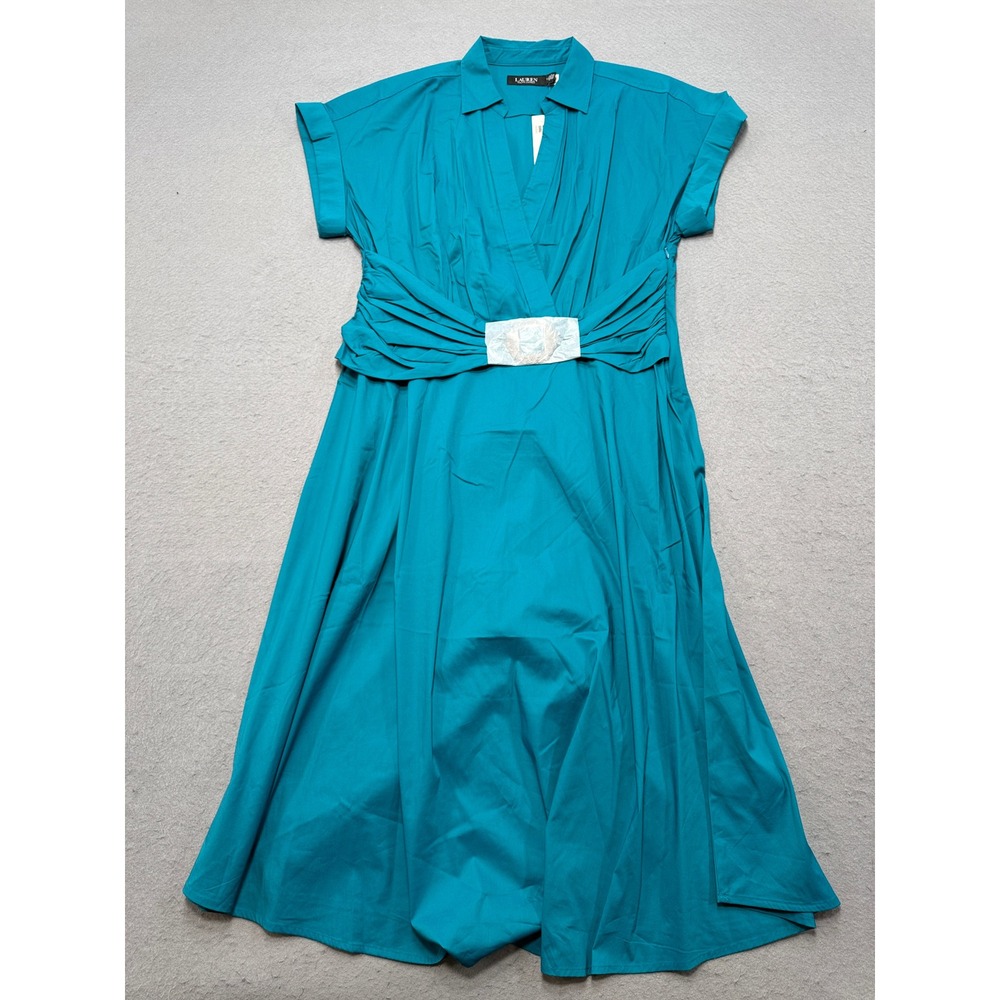 NEW Lauren Ralph Lauren Midi Dress Women's 14 Blue Ruched Waist Buckle Collared